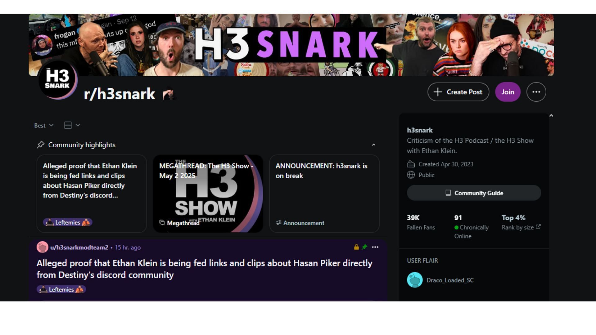 The r/h3snark subreddit has nearly 40,000 members (Image via r/h3snark/Reddit)